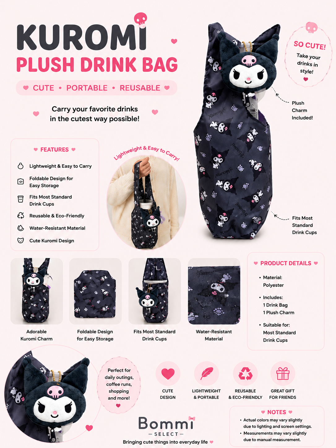 Black Kuromi Drink Bag with Plush Charm