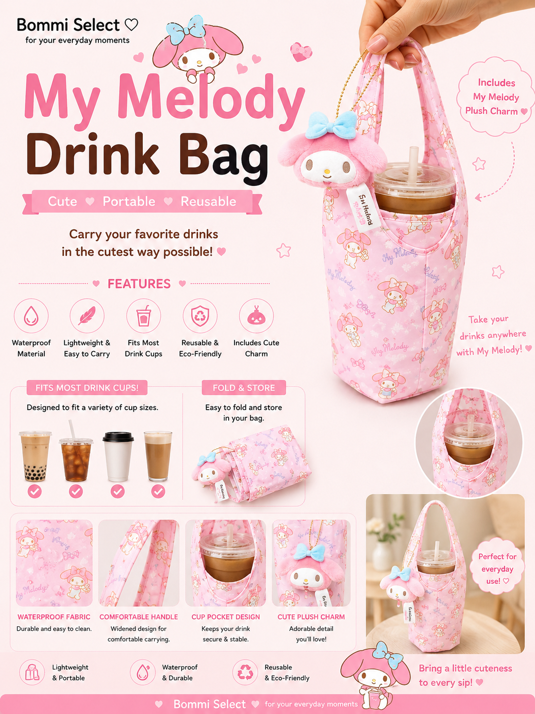 My Melody Drink Bag with Plush Charm