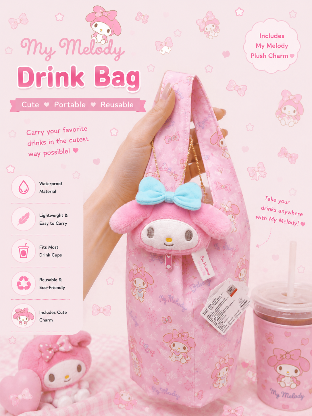 My Melody Drink Bag with Plush Charm